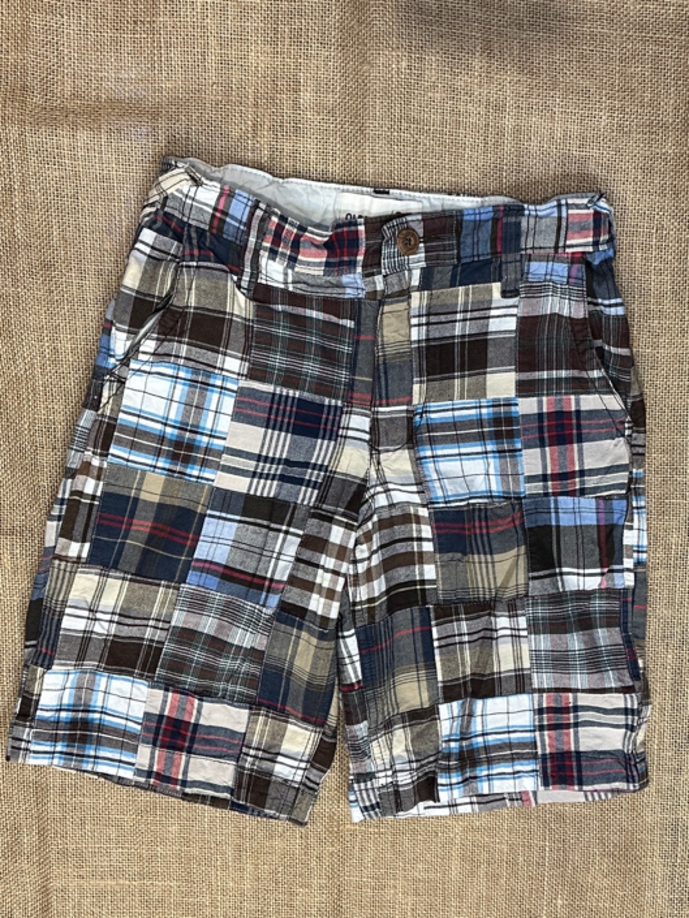 Old Navy Plaid Patchwork Shorts in Brown, Blue & Cream